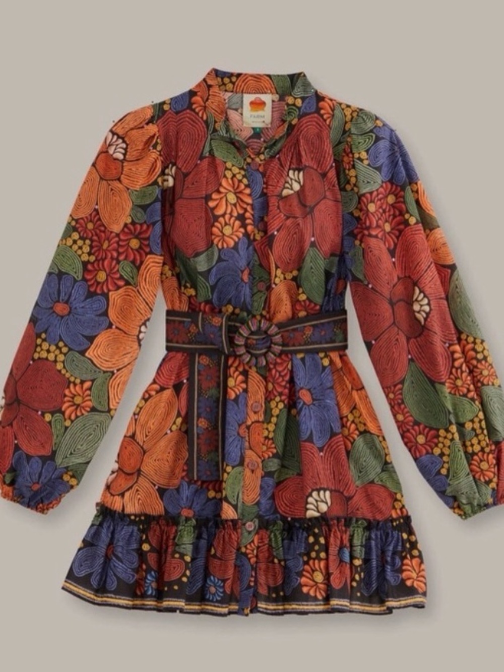 FARM RIO Stitched Flowers Belted Long Sleeved Mini Shirtdress Sz Med - Picture 3 of 8